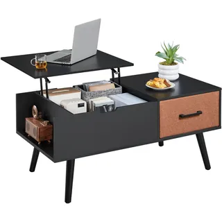 Yaheetech Couchtisch Höhenverstellbar, Beistelltisch mit Stauraum & offene Fächer, Wohnzimmertisch mit Geteilter Tischplatte, Lift-Top Kaffeetisch fürs Wohnzimmer/Esszimmer Schwarz