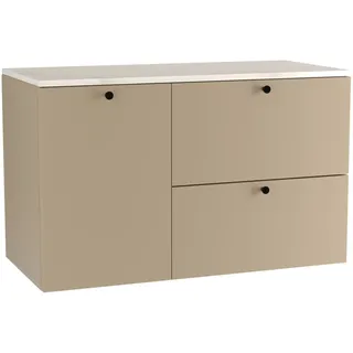WENA Waschtischunterschrank 100 cm mit Wäschekorb, glatte Fronten, Griffe aus Metall in der Farbe Schwarz (Farbe: Cappuccino/Marmur Bianco) - Bronze
