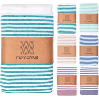 MOMOMUS Fouta XXL oder Picknickdecke XXL für den Strand - Mit Fransen, Gestreift und Leicht - Große Stranddecke, Sandfreie Strandmatte und Faltbare Campingdecke - Meergrün, 210x240 cm