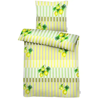 APELT Fresh Zitronen auf Streifen Satin Gelb/Grün 135 x 200 cm + 80 x 80 cm
