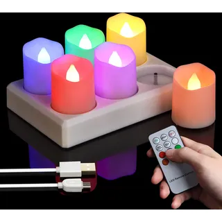 FREEPOWER 6er Wiederaufladbare LED Teelichter Bunt mit Ladestation und USB-Kabel, RGB Elektrische Aufladbare Akku Kerzen Flackern mit Fernbedienung Timer Dimmbar, Ø4 x 4.5cm