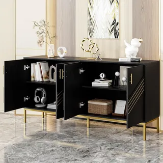 STILVORA Sideboard mit große Kapazität,Beistellschrank mit höhenverstellbare Regale und 4 Türen,Aufbewahrungsschrank mit Metallbeinen für Wohnzimmer,Esszimmer&Flur,Schwarz - Schwarz