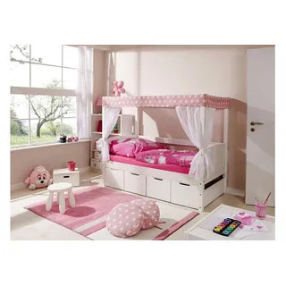 TICAA Himmelbett Lino Mini Kiefer weiß inkl. 4 Schubkästen stern-rosa