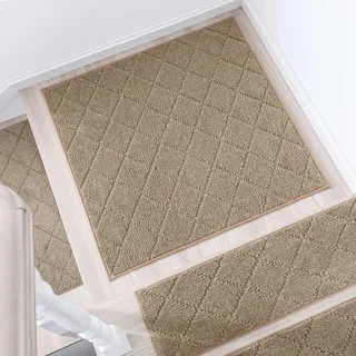 COSY HOMEER 1 Stück Treppenstufen Matten Eckig, 76 x 76cm Anti Rutsch Stufenmatten Selbstklebend, Maschinenwaschbar, 100% Polyester, TPE-Rücken, Ideal für Kinder, Senioren und Haustiere, Beige