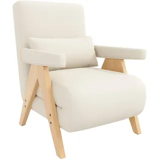 Wishdor Schlafsessel Leinen Beige klappbar, verstellbar und mit Kissen , Beige, Eichefarben , Holz , Rechteckig , 64x87x60 cm , Wohnzimmer, Sessel, Polstersessel