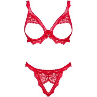 Obsessive - Dessous Set BH und Tanga I Tanga mit offenem Schritt I BH mit offenen Körbchen I betont schön die Brust I weiche und angenehm anzufassende Materialien I Rot - XS-S