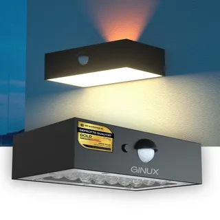 GINUX Solarlampe Außen mit Bewegungsmelder – 350 Lumen kleine Solar Wandleuchte für Garten, Zaun & Terrasse | IP65 Wetterfest, Solarstrahler mit Dämmerungssensor (Schwarz)