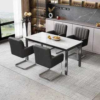 Flieks Polsterstühle 4er Set, Esszimmerstühle Freischwinger 4er Set, Besucherstühle Arbeitsstühle mit Armlehnen und Metallbeinen, PU, Schwarz Braun - Schwarz
