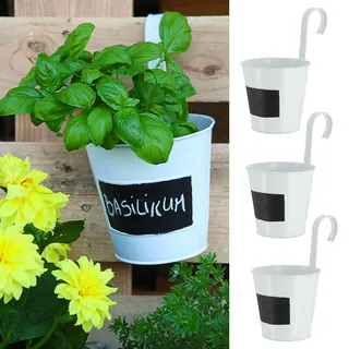 Cepewa Übertopf 3/6er Set | weiß Ø15cm H5cm | Kräutertopf zum Aufhängen und Beschriften | Blumentopf Blechtopf Topf Hängetopf (1x 3er Set Pflanztopf mit Tafel)