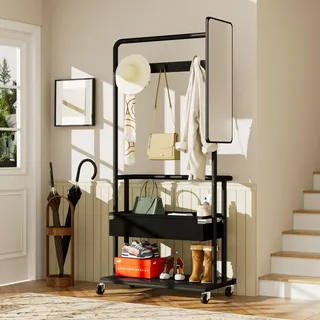 MODFU Kleiderständer auf rollen,Garderobenständer 3-in-1-Design mit Korb,Spiegel und Garderobe,Rollgarderoben Mit großem Stauraum,70×40×170cm,Schwarz - Schwarz