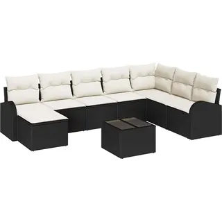 vidaXL Sofa Set mit Kissen 9 pcs Schwarz und Weiß Poly-Rattan - Schwarz