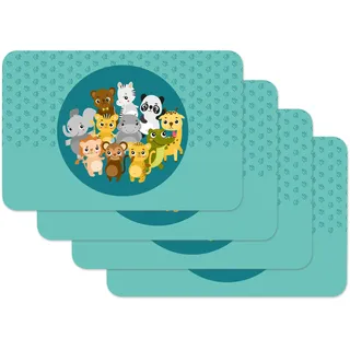 Venilia Tischset Kids Tiere blau, Malunterlage, Zeichenunterlage, Platzset für Esszimmer, Telleruntersetzer, abwischbar, lebensmittelecht, 45 x 30 cm, 4 Stück, 59110