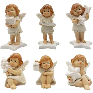 Kleine Engel-Figuren, 6er Set: Weihnachtsengel mit Stern, Baum & Geschenk, Dekofiguren Weihnachten & Winter, Weihnachtsdeko Innen, Weihnachtsfiguren Deko Klein, Tischdeko, Sitzend & Stehend, 5–8 cm