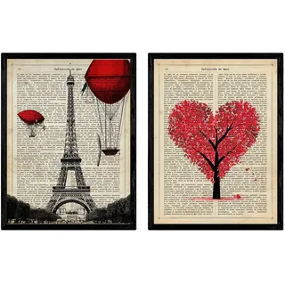 Nacnic Satz von 2 Vintage Enzyklopädie Postern Paris, Je T'aime. Illustrationen von Eiffelturm und Herzbaum im Retro-Stil. A4 ohne Rahmen.