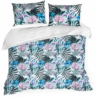 Bettwäsche Kissenbezug Bettbezug 200x220cm weiß dunkelgrün Botanish 3tlg Deko