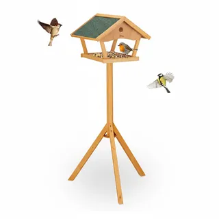 Relaxdays Vogelfutterhaus mit Ständer, 137 cm hoch, wetterfestes Dach, Garten & Balkon, Vogelhaus, Tannenholz, orange