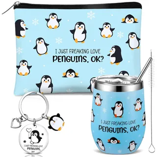 Fiada 3 Stück Pinguin Geschenke für Frauen 350 ml Thermobecher Edelstahl Tasse mit Deckel Strohhalm Kosmetiktasche Make-Up Tasche Schlüsselanhänger für Liebe Paar Geburtstag Weihnachten Jahrestag