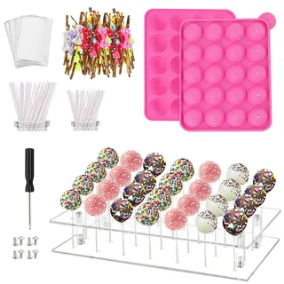 MOFASVIGI 302 Stück Cake Pop Formen Set Mit 1 Acryl Lollipop Halter,1 Silikon Form Set,100 Pcs klare Taschen,100 Pcs Treat Sticks,100 Pcs Gold Fliege