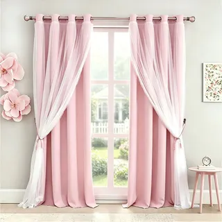 SOFJAGETQ Verdunkelungsvorhänge, 213,4 cm Länge, doppellagig, Prinzessinnen-Mädchen-Vorhänge und Vorhänge, Paneele für Kinderzimmer, Wohnzimmer, Kinderzimmer, rosa Spitzensaum,