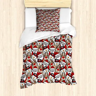 ABAKUHAUS Weihnachten Mantele, Schneemann-Ren-Kinder, Milbensicher Allergiker geeignet mit Kissenbezügen, 135 cm x 200 cm - 80 x 80 cm, Pale Brown Weiß und Rot - Weiß