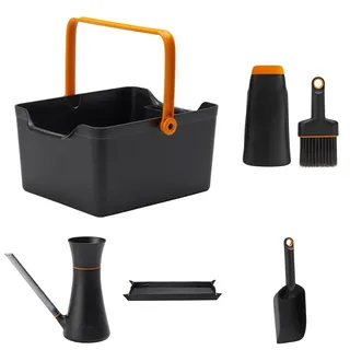 Fiskars Urban Planting Garten-Set, Aufbewahrungsbox + Pflanzschaufel mit Bürste + Handschaufel mit extra hohem Rand + Pflanzmatte, faltbar + Gießkanne (1,2 L)