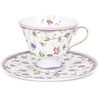 fanquare Feines Teetasse und Untertasse mit Goldrand,170ml Florale Lila Porzellan Kaffeetassen Vintage Porzellantasse für Frauen Mädchen Geschenke Nachmittagstee