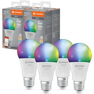 LEDVANCE Wifi E27 LED Lampe, Smart Home Reflektor Leuchtmittel, 6W (806lm) ersetzt 60W Glühbirne, dimmbar, RGBW Lichtfarbe (2700-6500K), per Alexa, google oder App steuern, Lampen im 4er-Pack