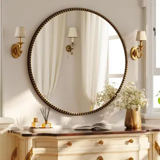Wandspiegel rund 80 cm PolyurethanPerlenrahmen Braun Retro Badspiegel zum Aufhängen oder Anlehnen Bronze 80x80 cm
