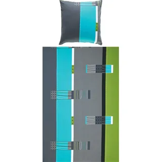 Erwin Müller Bettwäsche, Bettgarnitur, Kissenbezug Mako-Jersey grün-blau-grau Größe 80x80 cm / 135x200 cm - bügelfrei, einlaufsicher, mit praktischem Reißverschluss