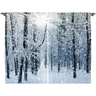 ABAKUHAUS Winter Rustikaler Gardine, Schnee bedeckte Wald, Schlafzimmer Kräuselband Vorhang mit Schlaufen und Haken, 280 x 260 cm, Blaugrau Weiß Schwarz