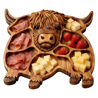 Großes Charcuterie Brett Im Highland Cattle Design - Vielseitiges Holz Schneidebrett Und Vorspeisenteller | Für Die Perfekte Präsentation Von Snacks, Käseplatten Und Aufschnitt