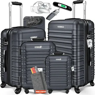 KESSER® 4tlg. Hartschalenkofferset Hartschalenkoffer Reisekoffer Set Reisekofferset Trolley Koffer Inkl. Kofferwaage + Gepäckanhänger Rollkoffer Schloss 4 Rollen ABS-Hartschale Teleskopgriff S-M-L-XL - Grau