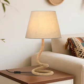 Hanfseil Tischlampe Kreative,Personalisierte Nachttischlampe Seillampe,Rustikale Bauernhaus Schreibtischlampe mit Stoffschirm für Moderne Boho Deko,Schalter mit Kabel,Seil Eisen Basis,E27 Kopf