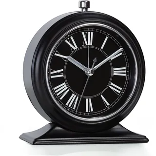 AYRELY® 4-Zoll Kleiner Wecker – Retro Wecker analog ohne Ticken mit Licht, lautloser Metall-Tischuhr für Schlafzimmer, Regal oder Nachttisch(Schwarz-Roman