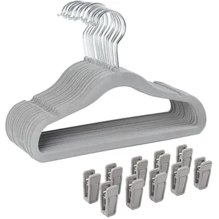 Finnhomy rutschfeste Kleiderbügel für Baby und Kinder, 30 Stück, Samt-Kleiderbügel mit 10 Finger-Clips, grau