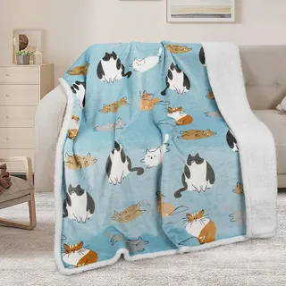 Catalonia Classy Sherpa Decke Katze Blau Kuscheldecken, Extra Dicke Warm Sofadecke Couchdecke in zweiseitig, Super Flausch Fleecedecke als Sofaüberwurf oder Wohnzimmerdecke 150x130cm