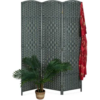 Relaxdays Paravent Raumteiler, HxB: 170 x 120 cm, Faltbarer Raumtrenner, 3-teiliger Sichtschutz, Holz & Papierseil, grau