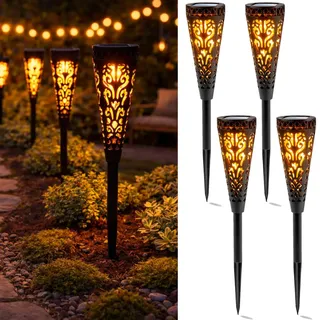 LUMILED 4er Set Solarleuchten Garten LED 2700K Warmweiß, IP44 Spritzwasserdicht, Gartenfackel Solar Flamme Wegeleuchte Solarlampe Außen, Dekolampe für Weg, Terrasse, Balkon, Rasen - Schwarz