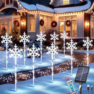 VEEKAY Solar Weihnachtsbeleuchtung Außen, 10 Stück Weihnachtsdeko Mit Fernsteuerung, 8 Modi Funkelnde LED Schneeflocke, Zuckerstangen für Weihnachtsdeko