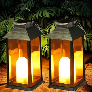 Yowin Solarlaterne für Außen 2 Stück Solarlampen Garten mit Flammeneffekte Kerze, Hängend Solar Laternen Wasserdicht Solar Tischlampe Outdoor, Solarleuchten für Terrasse Balkon Pavillon Deko - Bronze