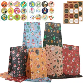 Hianjoo Weihnachten Kraft Papiertüten, 24 Stk. Adventskalender zum Befüllen, Weihnachten Geschenktüten mit Aufkleber, Weihnachtstüte Geschenktüten für Weihnachtsgeschenke Deko 22*12*8cm (Mehrfarbig)
