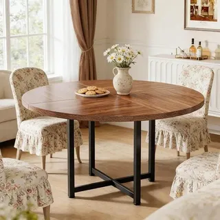Esstisch rund 120 cm, industrieller Esstisch für 4-6 Personen, runder Küchentisch aus Holz-Metall-Kombination, platzsparendes Design, Schwarz/Braun
