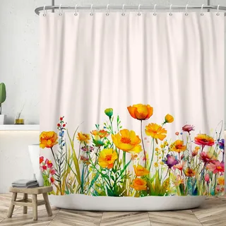 ASDCXZ Blumen Duschvorhang 180x180 cm, Frühling Aquarell Gelb Lila Rot Bunt Blumen Grün Blätter Weiß Waschbar Bad Duschvorhänge Polyester Textil Wasserdicht Duschvorhang für Badewanne mit 12 Haken