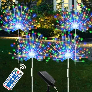 XRR Solarlampen für Außen Garten, 4 Stück 120 LED Solarleuchten Feuerwerk 8 Modi Solarlichter Pusteblume mit Fernbedienung Wetterfest Solarstecker Gartenbeleuchtung für Halloween Weihnachtstag