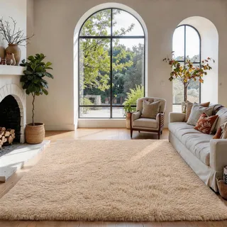 SOANNY Teppich Wohnzimmer Waschbar Anti-Rutsch 120x180 cm, Beige | Hochflor, Langflor, Flauschig, Weich, Einfarbig, Pflegeleicht, Für Wohnzimmer Schlafzimmer Kinderzimmer Büro Bettumrandung