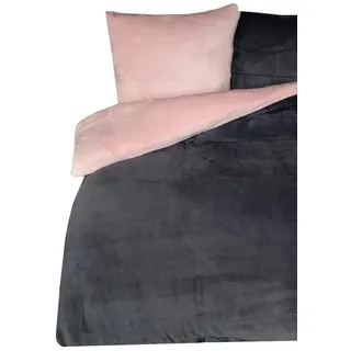 COFI Teddyplüsch Bettwäscheset 135x200 cm Rosa Anthrazit einfarbig, wendbar & warmhaltend 135x200cm + 80x80cm Kissenbezug