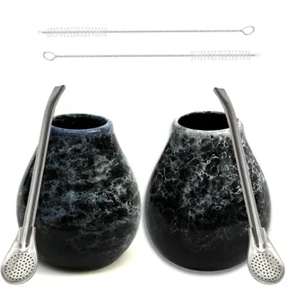 Gaucho Cebar Yerba Mate-Tee Kalebasse Set für zwei ● Mate tee becher Marmol Blue und Dark 350ml ● Keramik tasse ● Edelstahl trinkhalm Bombilla 19cm ● Reinigungsbürste