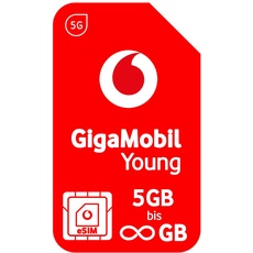 Vodafone Mobilfunktarif GigaMobil Young eSIM | 1 Karte für alle Tarife | 5GB bis Unlimited Datenvolumen | Aktion 24 x 20% Tarifrabatt | 5G-Netz | EU-Roaming | Telefon- SMS-Flat ins deutsche Netz
