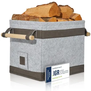 OAKAGE® Holzkorb für Kaminholz Groß [Schmutzabweisendes Innenfutter und Lederboden] Kaminholzkorb Feuerholzkorb Brennholzkorb Kaminkorb Filzkorb | Korb Hellgrau