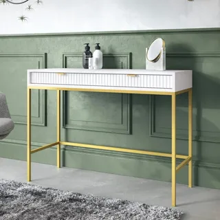 Schminktisch Kioto 104 cm Weiß & Gold – Rillenfront, Goldene Griffe, 2 Schubladen, Elegant - Weiß, Gold